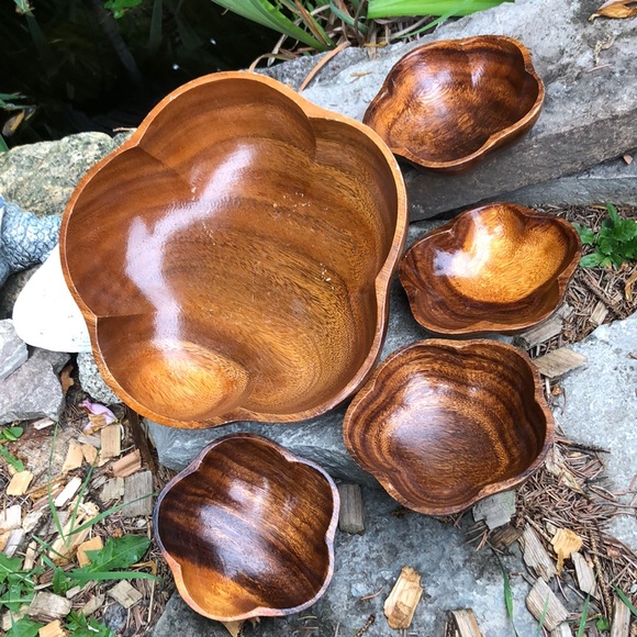 Monkey Pod Wooden Bowl Set-Large Bowl with 4 Smaller Bowls-GUC-Vintage - Picture 4 of 16